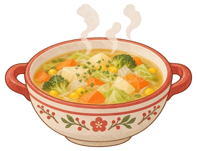 野菜の温かいスープの水彩イラスト