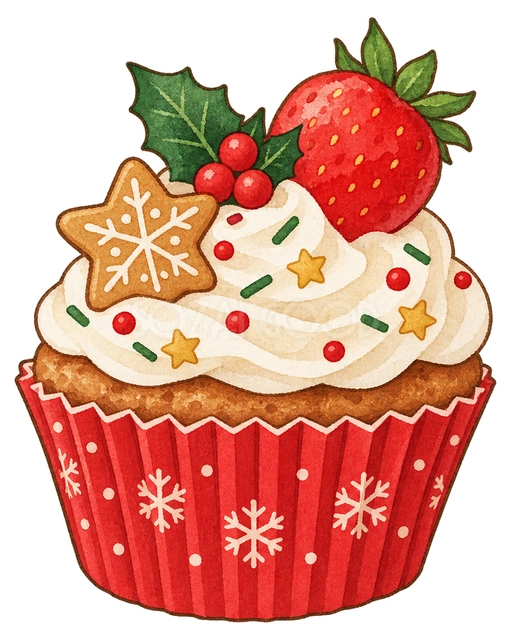 クリスマスのカップケーキの水彩イラスト