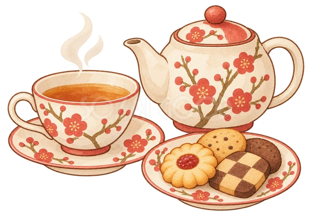 温かい紅茶とクッキーの水彩イラスト