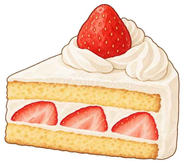 苺のショートケーキ一切れの水彩イラスト