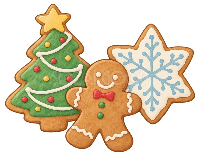 クリスマスのアイシングクッキー三枚の水彩イラスト