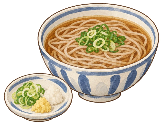 かけそばと薬味の水彩イラスト