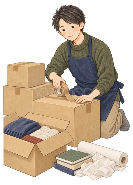 年末の荷物をまとめる男性の水彩イラスト