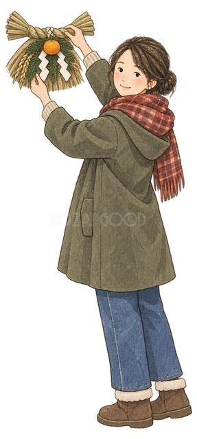 しめ縄飾りを取り付ける女性の水彩イラスト