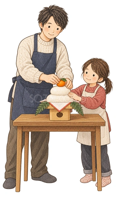 鏡餅を準備する親子二人の水彩イラスト