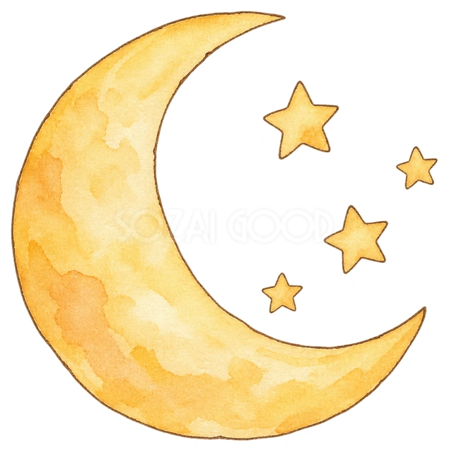 夜空の三日月と小さな星の水彩イラスト