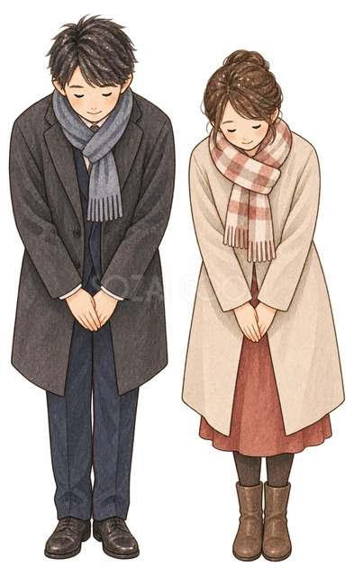 年末の挨拶でお辞儀する男女二人の水彩イラスト