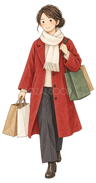 歳末の買い物をする女性の水彩イラスト