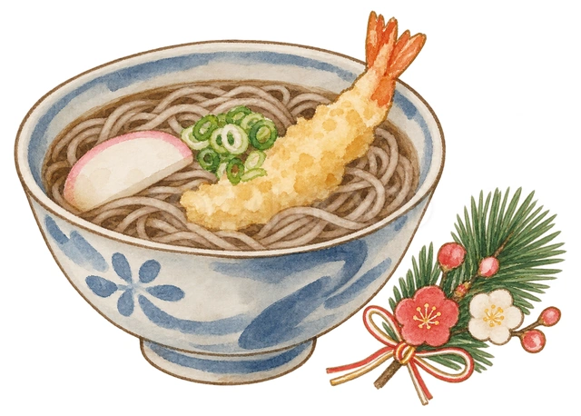年越しそばと小さな松梅の飾りの水彩イラスト