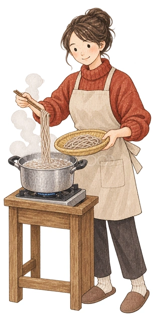 そばを茹でる女性の水彩イラスト