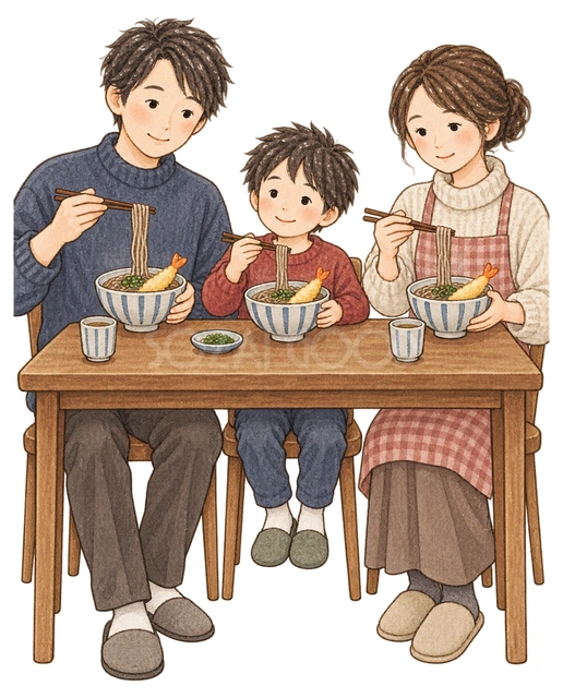 年越しそばを食べる家族三人の水彩イラスト
