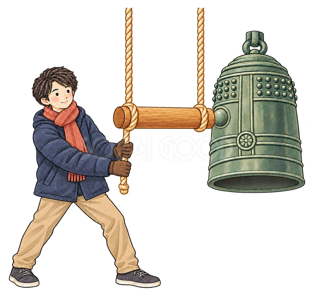 鐘をつく成人男性の水彩イラスト