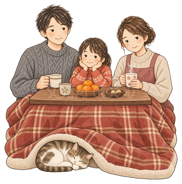 こたつで過ごす家族三人の水彩イラスト