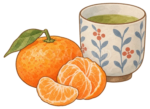 みかんと湯飲みの水彩イラスト