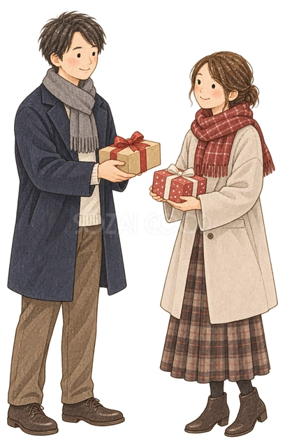 贈り物を交換する成人男女二人の水彩イラスト