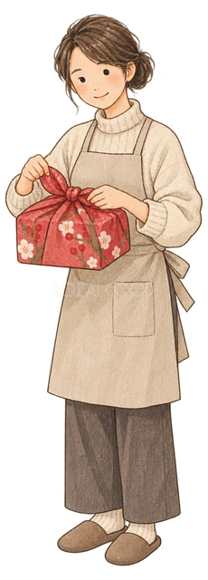贈答品を包む女性の水彩イラスト