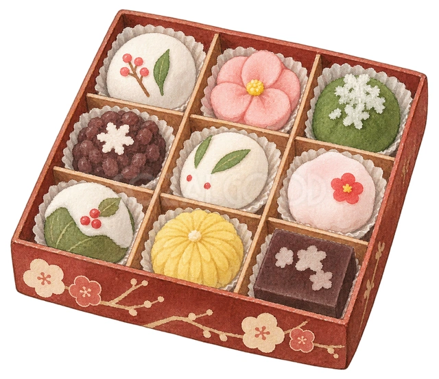 冬の和菓子の詰め合わせの水彩イラスト