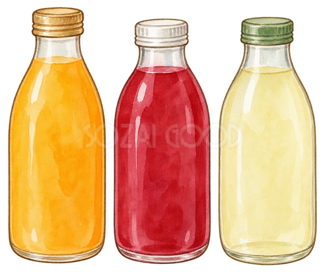 無地の瓶入り飲料三本の水彩イラスト