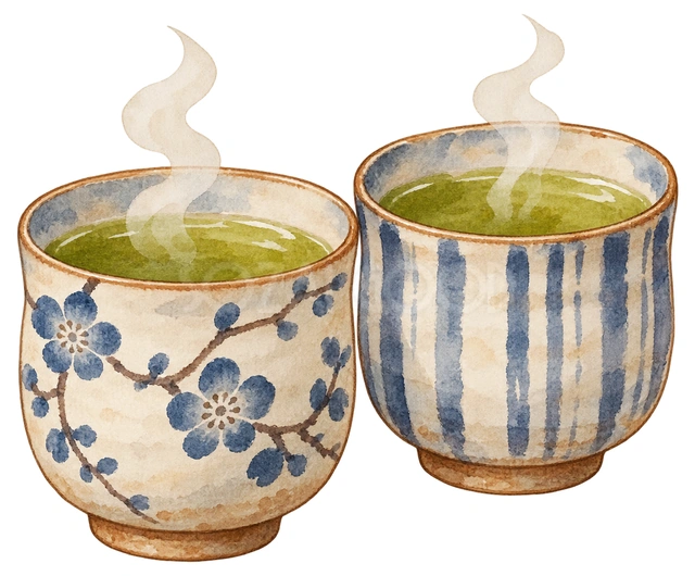 温かいお茶の湯飲み二つの水彩イラスト