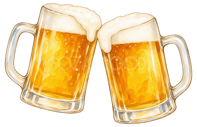 ビールのジョッキ二つの水彩イラスト