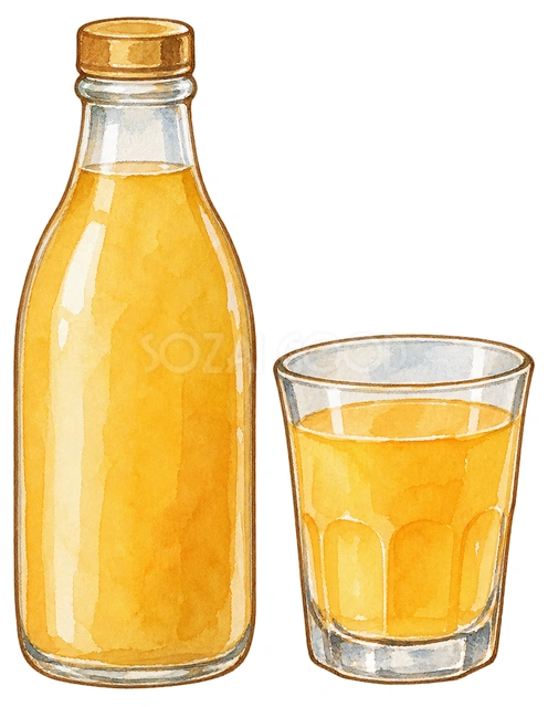 無地の瓶入り飲み物とグラスの水彩イラスト