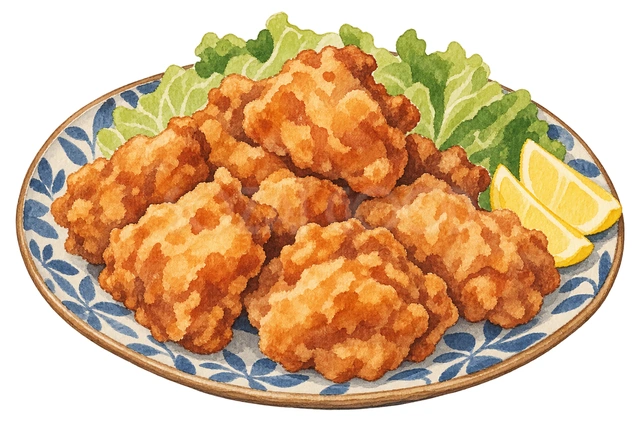 唐揚げの大皿の水彩イラスト
