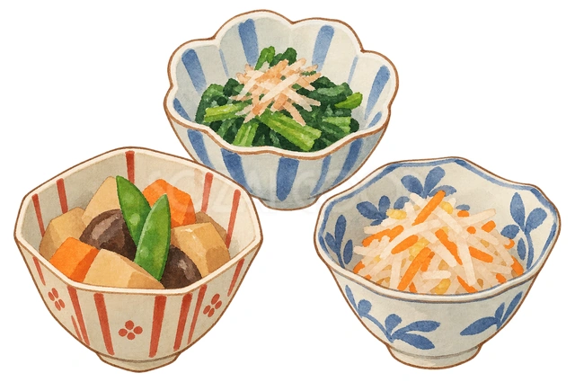 小鉢料理三品の水彩イラスト