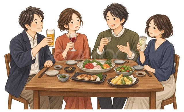 食卓を囲む成人の友人四人の水彩イラスト