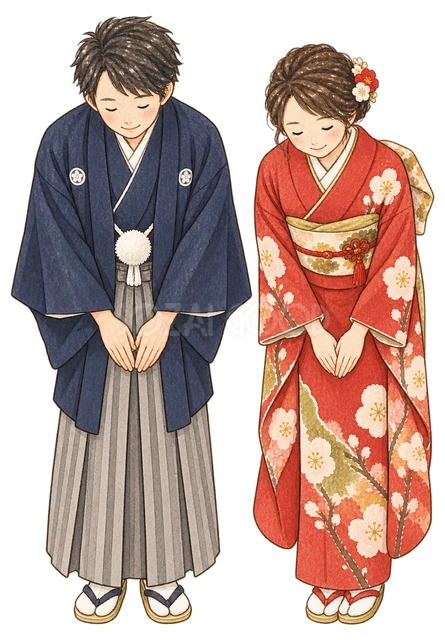 感謝のお辞儀をする成人男女二人の水彩イラスト