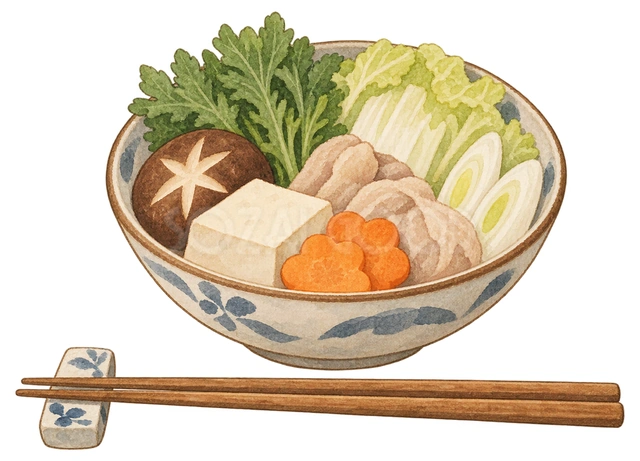 鍋の取り皿と箸の水彩イラスト