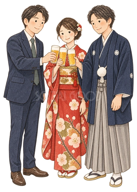 乾杯する成人男女三人の水彩イラスト