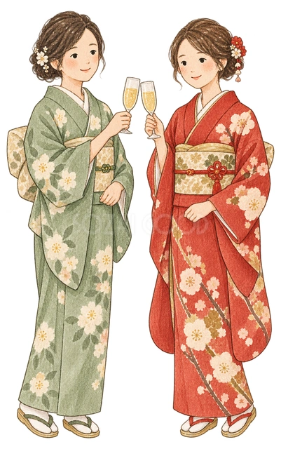 乾杯する成人女性二人の水彩イラスト