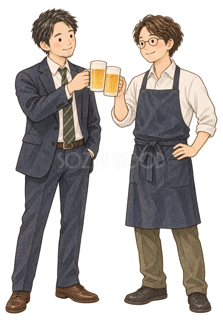 乾杯する成人男性二人の水彩イラスト