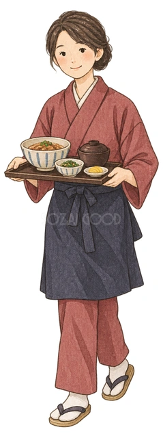 料理を運ぶ店員女性の水彩イラスト