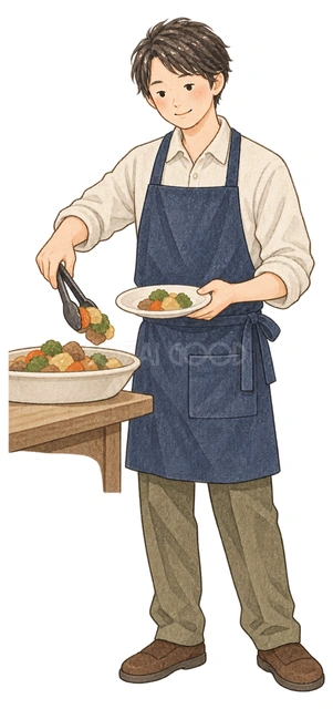 料理を取り分ける成人男性の水彩イラスト