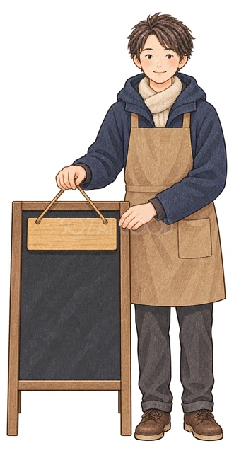 開店の準備をする男性店員の水彩イラスト