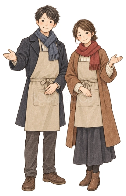 笑顔で迎える店員男女二人の水彩イラスト