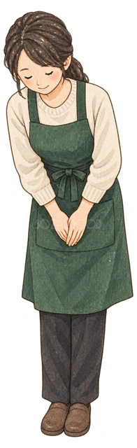 お辞儀する女性店員の水彩イラスト