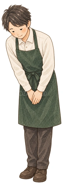 お辞儀する男性店員の水彩イラスト