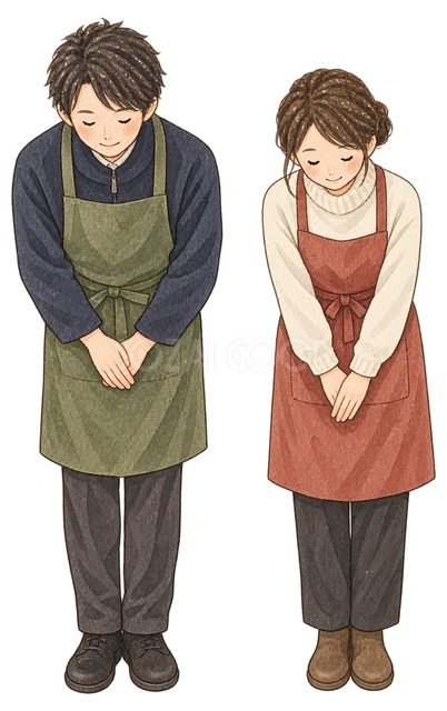 お辞儀する店員男女二人の水彩イラスト