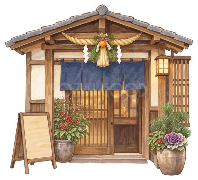しめ縄飾りのある一般的なお店の入口の水彩イラスト