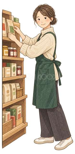 商品棚を整える女性店員の水彩イラスト