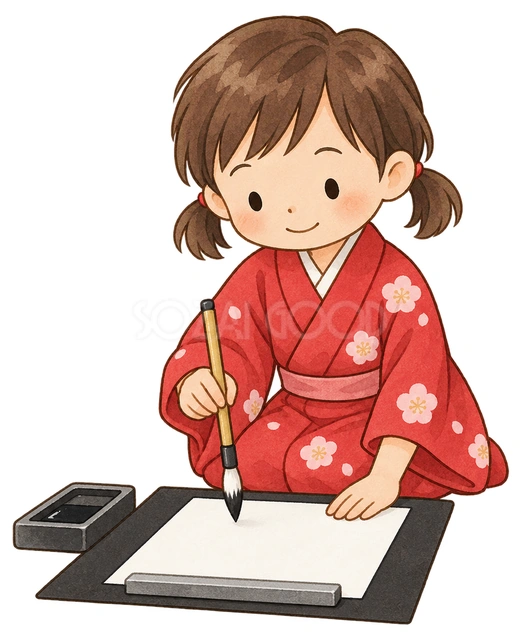 書き初めをする女の子の水彩イラスト