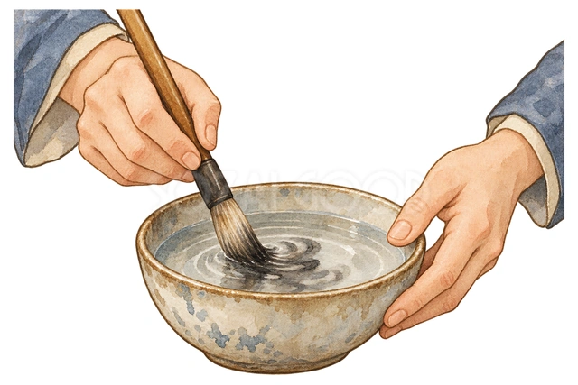 筆を洗う手元の水彩イラスト
