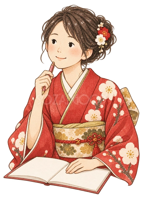 ノートに目標を考える女子学生の水彩イラスト