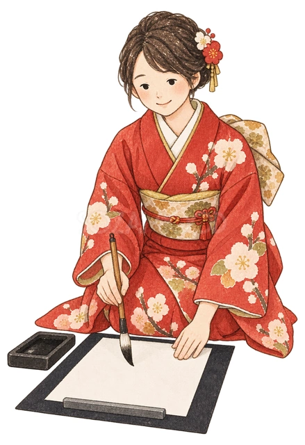 書き初めをする成人女性の水彩イラスト