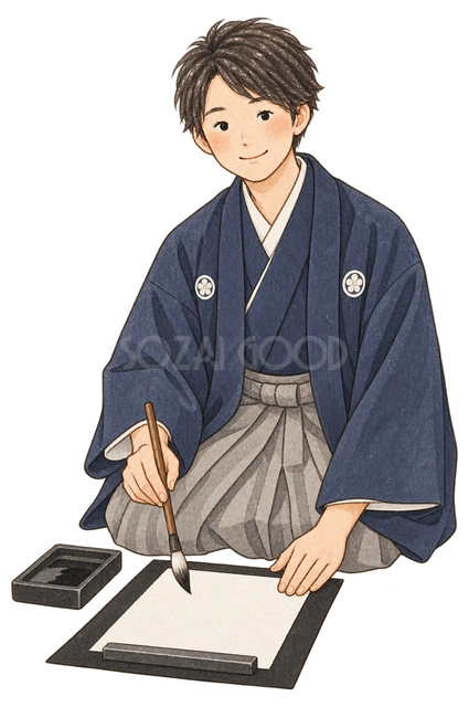 書き初めをする成人男性の水彩イラスト