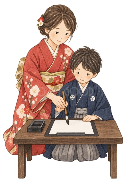 習字を教える女性と子どもの二人の水彩イラスト
