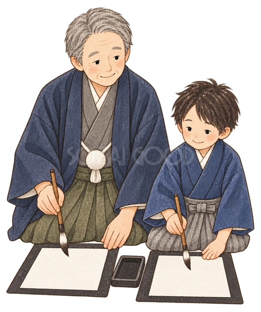 親子で筆を持つ二人の水彩イラスト