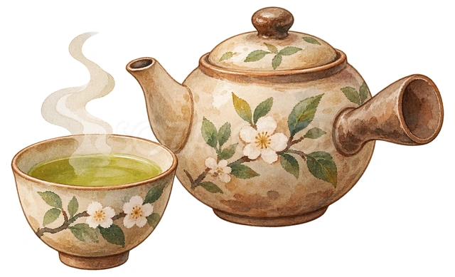 温かいお茶と急須の水彩イラスト